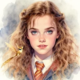 beautiful hermione with sparkling eyes, messy hair, closed up portrait, highly detailed, golden snitch, epic, stunningly beautiful, insanely detailed, fantasy novel, soft cinematic lighting, award, disney concept art, watercolor illustration by mandy jurgens and alphonse mucha and alena aenami, pastel color palette, featured on artstation