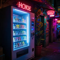 a vending machine dimly neon lighting a dark alley, by greg rutkowski and gaston bussiere, vibrant lush neon lighting, beautiful volumetric - lighting - style atmosphere, futuristic atmosphere, intricate, detailed, photorealistic imagery