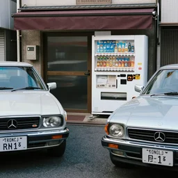 two beautiful old cars, standing in front of a vending machine outside of a japanese convenience store, in narrow tokyo alleyway, beautiful light and shadows, d & d, fantasy, highly detailed, digital painting, artstation, concept art, sharp focus, illustration, in style of guweiz and wlop and nixeu