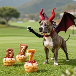 4 5 mm 1 9 7 7 cookbook food photography of a pitbull cosplayer on a golf course summoning a demon, photography by tyler mitchell johfra bosschart