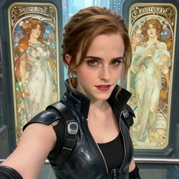 woman who looks like emma watson wearing cyberpunk clothing in a sci - fi city, high detail, crisp shading, in the style of greg rutkowski and alphonse mucha and lisa frank, selfie