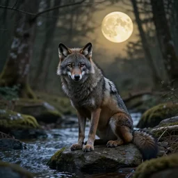 A werewolf sitting on a rock, woodland creek, realistic, yellowish full moon