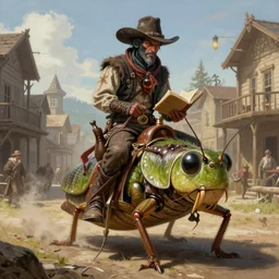 A very highly detailed cowboy wizard with a highly detailed face with spellbooks and potions riding on a very higly detailed large grasshopper insect on the street of a wild west town digital rational painting art by Greg Rutkowski, sci-fi highly detailed, digital concept art, sharp focus, realistic concept art by Stephen Hickman and James Gurney and Hiromasa Ogura Ghost in the Shell rendered in Octane Render, From the distance
