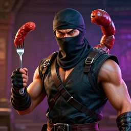 portrait of ninja scorpion of mortal kombat video game holding a fork with a chorizo, dramatic ambient lighting, high detail, vibrant colors