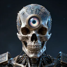 cosmic deity with cyclops stargate eye and circuit board structure skull, intricate detail, royo, whealan, giger, hd, 8 k, octane render, unreal engine,