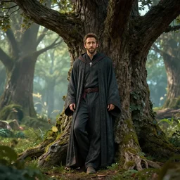 ryan reynolds wearing wizard robes leans against a mythical tree romance novel fantasy artwork epic detailed and intricate digital photo trending on artstation by wlop octane render