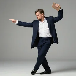 leonardo dicaprio with beard and a book in his hand, dancing in a suit