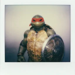 anthropomorphic! polaroid, a badass turtle fighter with red bandana on his eyes, protectors on elbows and a shield made out of a turtle shell, cinematic focus, polaroid photo, vintage, neutral dull colors, soft lights, foggy, overcast by oleg oprisco, by thomas peschak, by discovery channel, by victor enrich, by gregory crewdson