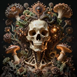 a beautiful detailed front view rococo portrait of a rotten woman corpse with fractal plants and fractal flowers and mushrooms growing around, symmetrical, symmetry, intricate, ornate, volumetric light, beautiful lit, craneal bones