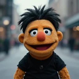 portrait of a beautiful happy muppet puppet goth woman, spiky short hair, blurry urban background, cinematic, Serious eyes
