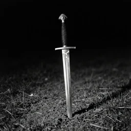 A sword impaled into the ground. Black and White. Film Noir. High Contrast.