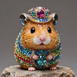 super cute hamster statue made of individual rainbow gems, getty museum, gem face, on rock, gemstone nose, portrait, made of large rainbow gems, huge ornate gemstones, hat, ruby sapphire emerald opal onyx, artgerm, realistic, roger deakins, annie liebovitz, greg rutkowski, jewelry hamster