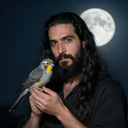 portrait of a man with long black hair and beard holding his imaginary bird friend in his hands, full moon in the background, fine portrait, beautiful, realistic, by tomer hanuka