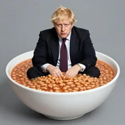 full body photo of Boris Johnson sitting in a large bowl of baked beans