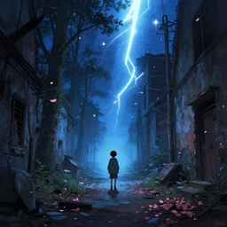 abandoned apocalyptic old alley with a kid at the centre, trees and stars background, falling petals, epic blue sunlight, perfect lightning, illustration by niko delort,