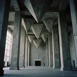 a gigantic interior chamber with tall columns and upsidedown pyramids hanging from the ceiling, brutalism, 4 k hd still, analog film grain