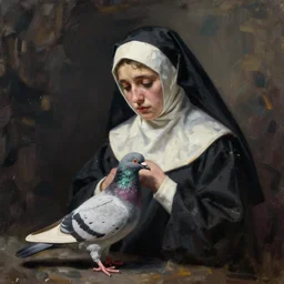 Pigeon as a sad nun, painted by Conrad Roset, detailed brushstrokes