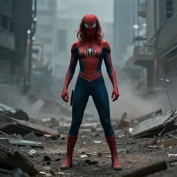 film still of Spiderwoman standing heroic ,post apocalyptic, symmetrical
