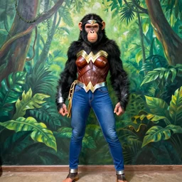 Wonder Woman with the face of a chimpanzee, wears Tight Fighting Blue Jeans and stands in front of a beautiful jungle mural  painted on the wall behind her, photorealistic