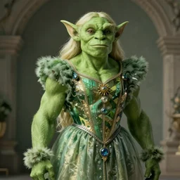 photo of green orc in dress, beautiful light, 8k, elegant, sharp focus, by Pablo Picasso