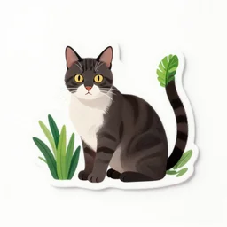 vinyl sticker of cat and plants, white background, sharp, clear focus, high quality, studio lighting