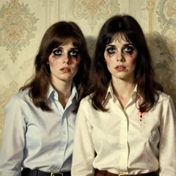 a pulp illustration of a man and a woman who are beautiful but creepy, wearing oxford shirts in layers of fear, with haunted eyes and dark hair, 1 9 7 0 s, seventies, wallpaper, a little blood, morning light showing injuries, delicate embellishments, painterly, offset printing technique, by brom, robert henri, walter popp