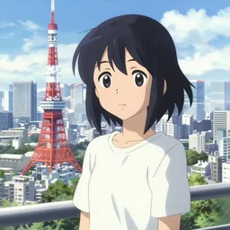 anime visual of a black haired girl wearing shirts on top of tower sightseeing bright day tokyo cityscape by makoto shinkai, cute face by yoh yoshinari, katsura masakazu