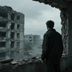 “a man staring out into the abyss from a destroyed building, post apocalyptic”