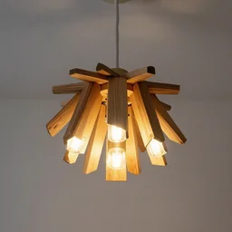 a lamp hanging from the ceiling, made from pieces of wood and 3 ledlights, design, hyperrealistic, 8 k
