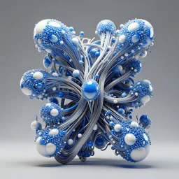 fine art photograph, glossy abstract platine sculpture, octane, cyberpunk, unreal engine, highly detailed, by kelbv, tubes, wires, pumped full with blue and white ellipsoids, 3 d fractrals, perfect studio lighting, baroque