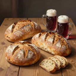 beautiful loaves of bread and wooden steins on a wooden table, warm lighting, fantasy, intricate, elegant, highly detailed, digital painting, still life, wine, artstation, concept art, matte, sharp focus, intricate, highly detailed, digital painting, trompe - l'œil, volumetric light, artstation, concept art, sharp focus, watercolor illustration, art by gil elvgren and greg rutkowski and willem kalf and jan philip van thielen