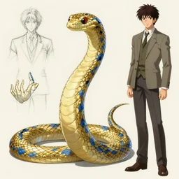 concept design sketches for a character that is an ethereal humanoid snake with hands, golden scales and blue accents scattered in its design, art by yuji ikehata and satoshi kon, background art by miyazaki, realism, proper human male proportions, fully clothed, dungeons and dragons, anime