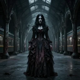 creepy ghost woman in elaborate dress in haunted train station, grotesque architecture, atmospheric horror