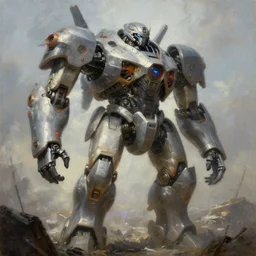 a giant mech robot full detailed realistic atmosferic made by ivan aivazovsky, peter mohrbacher, greg rutkowski volumetric light effect broad light oil painting painting fantasy art style sci - fi art style realism premium prints available artwork unreal engine