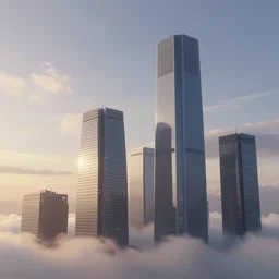 skyscrapers, sunrise, wispy clouds, small birds in a distance, artstation, digital art