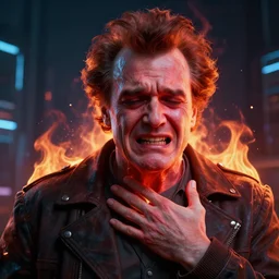 portrait of john candy suffering, in pain, burning, in the metaverse, cyberpunk, digital art, trending on artstation, octane render