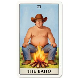 an ethereal, serene symmetrical tarot card painting of a shirtless handsome goofy cowboy with a chubby build and beer belly sitting at a serene campfire | cans of beans and jugs of whisky | late 1800s, tarot card, art deco, art nouveau | by Mark Maggiori | trending on artstation