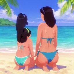 mother and daughter tanning on a tropical beach vacation, vaporwave