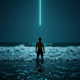 wild flashing neon lights in the sky above the last man standing hip deep in wild ocean waves