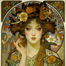 realistic detailed face portrait of an elaborately dressed beautiful young otherworldly ethereal demon geisha by alphonse mucha, ayami kojima, amano, charlie bowater, karol bak, greg hildebrandt, jean delville, and mark brooks, art nouveau, neogothic, gothic, rich deep moody colors, surreal majestic dreamscape, character concept design