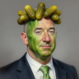 jeff bezos as the cucumber king, his face is a cucumber, he has a crown of pickles on his head, detailed airbrush art, by gertrude abercrombie