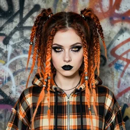 highly detailed portrait of a sewer punk lady, tartan hoody, ringlet hair by atey ghailan, by greg rutkowski, by greg tocchini, by james gilleard, by joe fenton, by kaethe butcher, gradient orange, black, cream and white color scheme, grunge aesthetic!!! ( ( graffiti tag wall background ) )