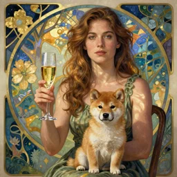 sarah jessica parker with glass of champagne in her hand and a shiba inu puppy on her lap. art nouveau. mucha