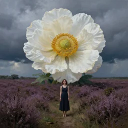 giant flower head, frontal, woman standing in heather field, surreal photography, stormy sky, impressionist painting, digital painting, artstation, rob gonsalves