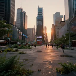 film still of post apocalyptic empty time square at sunset, overgrown with wildlife walking through in the new sci - fi movie, 8 k