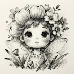a portrait of a cute flower fairy with whimsical big eyes surrounded by flowers, light charcoal drawing, black and white, ink and paper, portrait, trending on artstation, behance, deviantart, drawn by tom lovell, artgerm, jsc, j. scott campbell