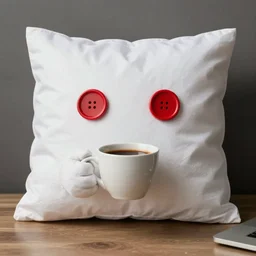 white pillow with two red button eyes holding a coffee cup in its hand