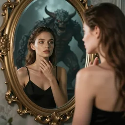 beautiful supermodel looking into a mirror and seeing a monster
