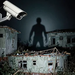 security cam found footage of an abandoned soviet town with a male humanoid shadow monster, liminal space, backrooms, scp, film grain, rundown, eerie, dark lighting, 3 5 mm, realistic, photograph