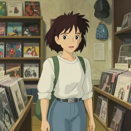 a girl in a record store, art by hayao miyazaki, studio ghibli film, hi res, 4k,